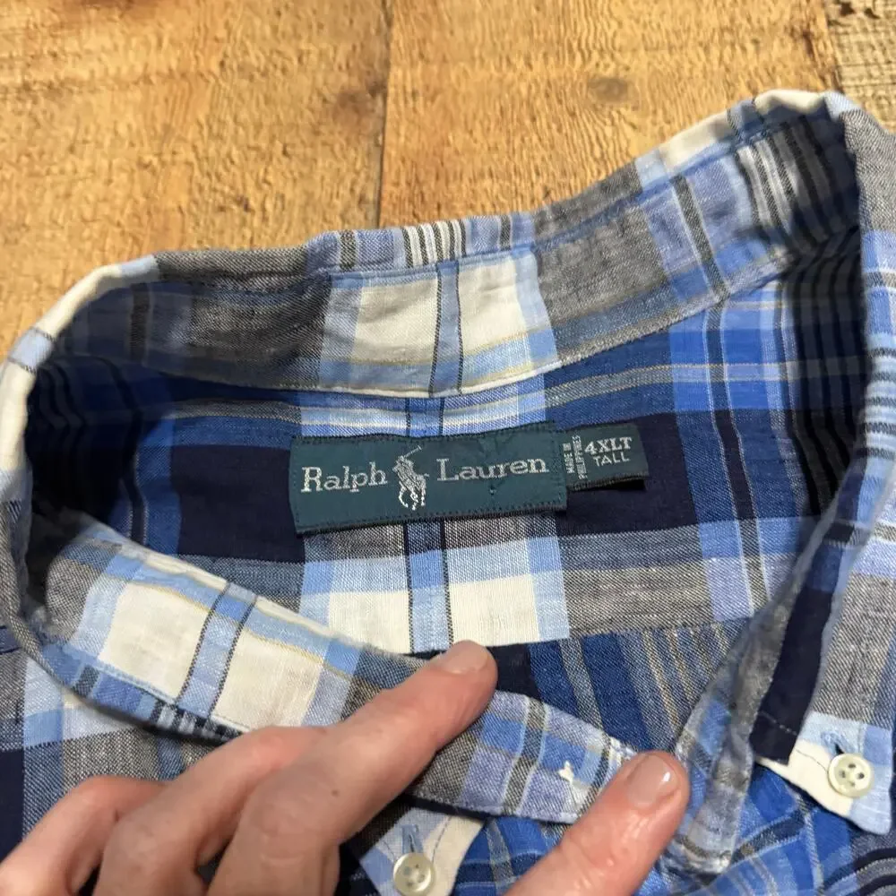 Ralph Lauren Men's Blue Plaid 100% Linen Button Down Sz 4XLT Preppy Classic - Picture 5 of 6